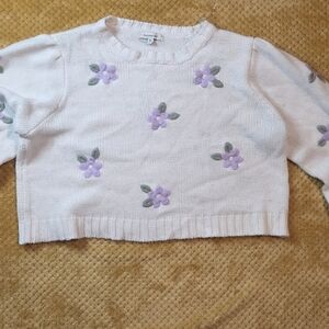 Francesca's XL White Sweater with Purple Floral Design